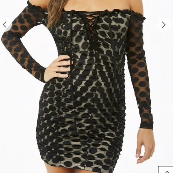 black off the shoulder lace up polka dot ruched bodycon long sleeve dress